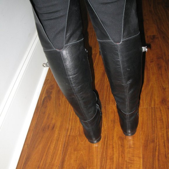REDUCED Wmn Black Leather Side Zipper Block Heel Over The Knee Boots S 5.5 UK 3 - Picture 7 of 13